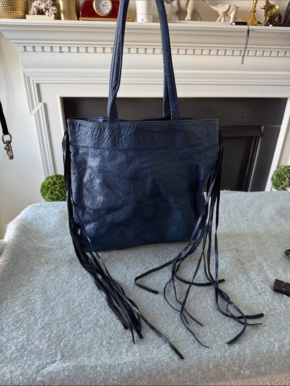 Rare EUC Zara Terez Blue Leather Fringe Boho Tote Bag